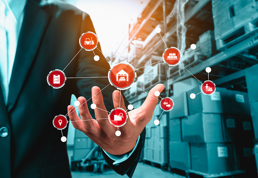 Smart warehouse management system with innovative internet of things technology to identify package picking and delivery . Future concept of supply chain and logistic network business .