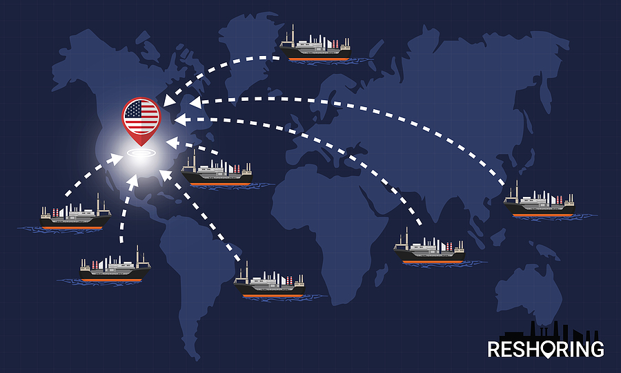 Reshoring concept. Factories companies return to USA. Self-sufficiency. Automated supply chain. Avoid production chain disruption. Design by freighter carry factory to moving on world map.