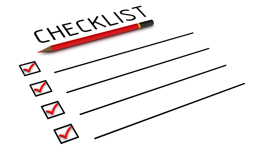 Checklist with check marks. Red pencil and a clean checklist with red check marks in check boxes. Isolated. 3D Illustration