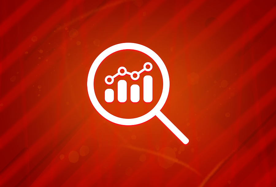 View financial analytics or metrics management research icon isolated on abstract red gradient magnificence background illustration design