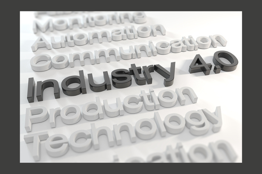 3d render - industry 4.0 words in black over white background with shadows - depth of field