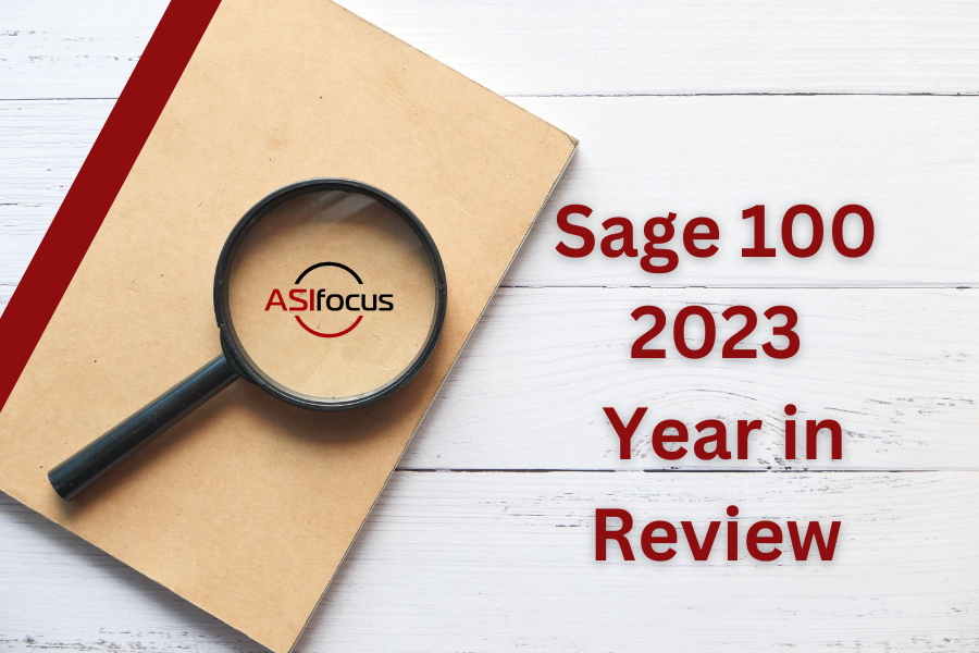 Sage 100 2023 Year in Review with ledger and magnifying glass