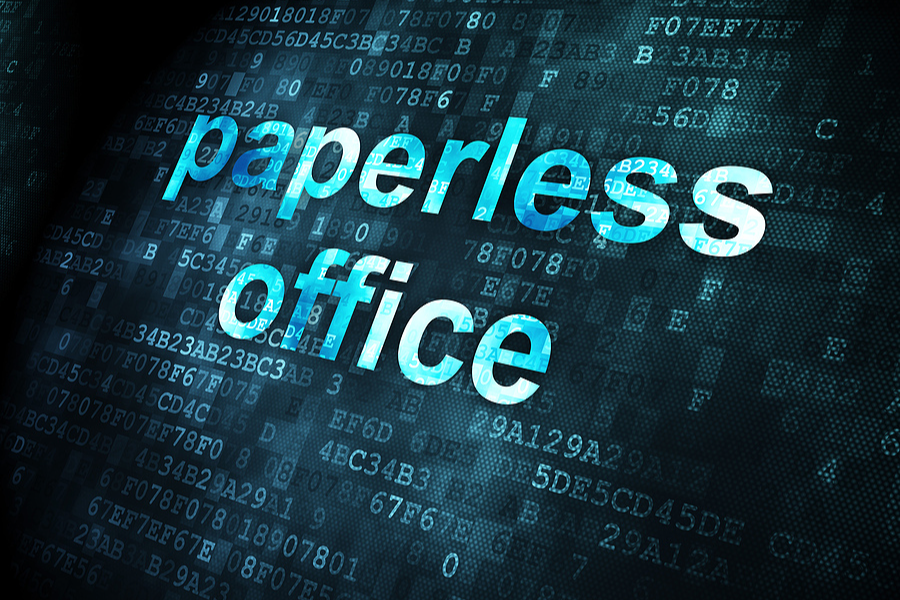 Business concept: pixelated words Paperless Office on digital background, 3d render