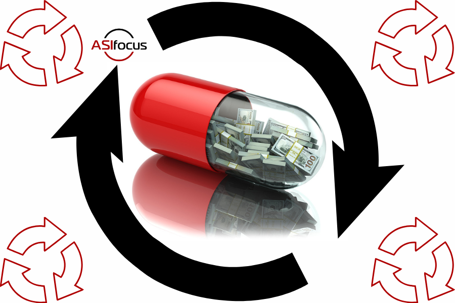 medical capsule filled with money and encircled by arrows f0r Revenue Cycle Management