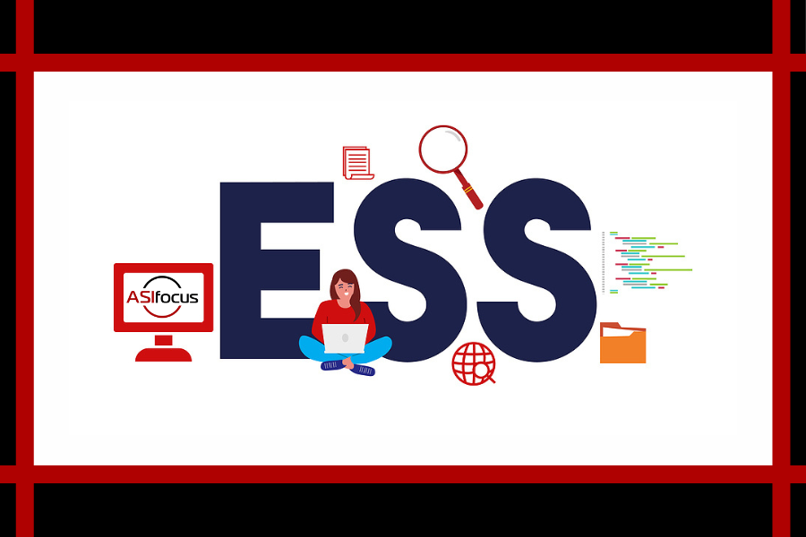 ESS. Employee Self Service demonstrated by person sitting and surrounded by ESS components