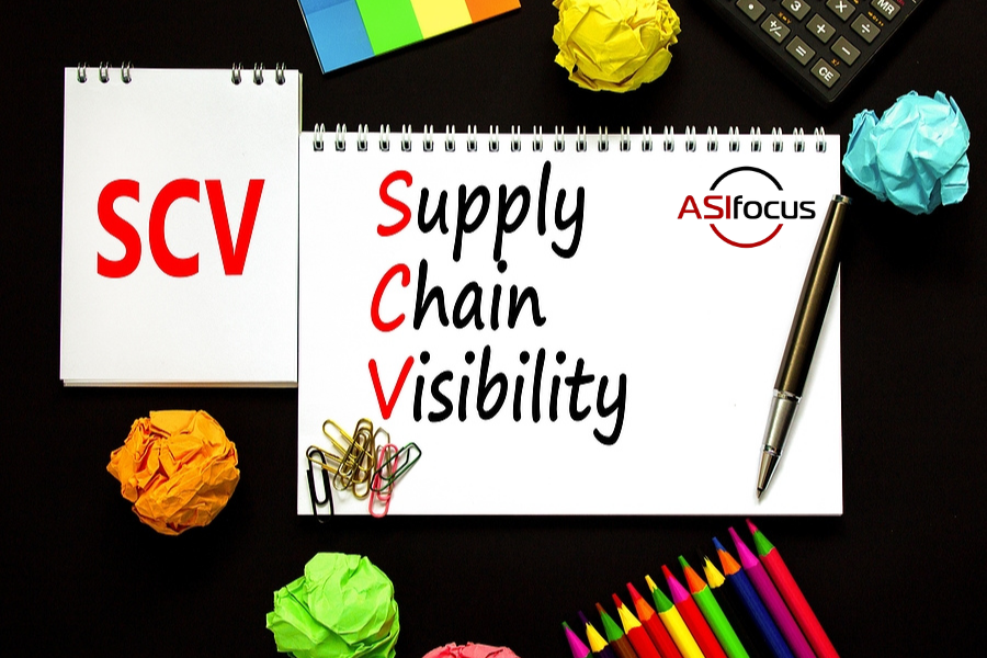two notebooks, one with SCV and the other with Supply chain visibility on black desk with lots of colorful papers